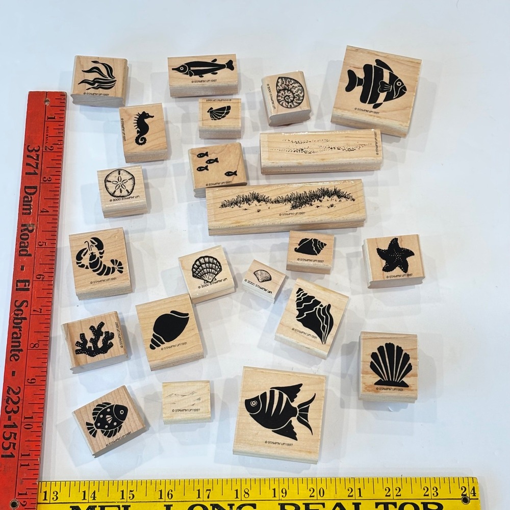 Stampin' Up! Ocean Nautical Stamps Wood Large Lot Fish Shells Seahorse Vintage